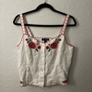 J. Crew White Linen Button-Front Floral Embroidered Tank